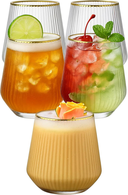 40 count Origami Ripple Unbreakable Stemless Plastic Wine Champagne Whiskey Glasses Elegant Durable Disposable Indoor Outdoor Ideal for Home, Office, Bars, Wedding, Ribbed 12 Ounce Cups (Gold Rim)