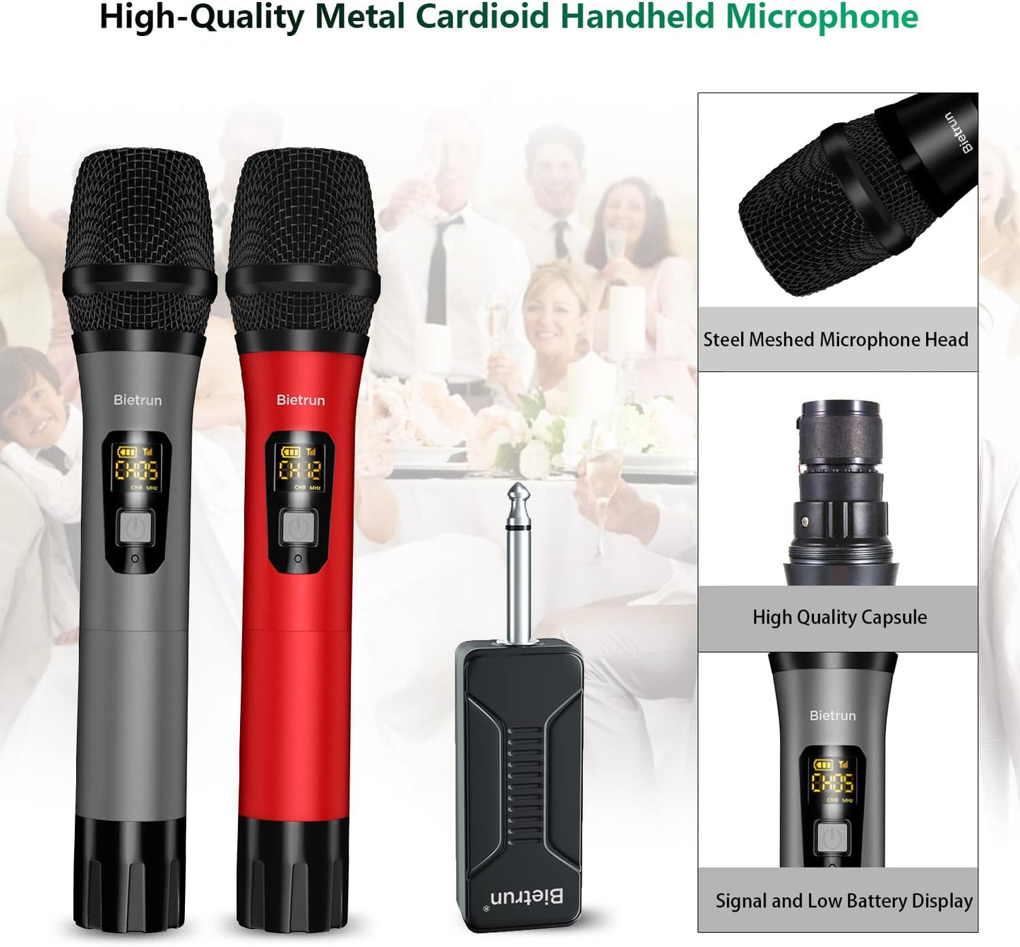 Bietrun Wireless Microphone, Professional UHF Metal Dual Handheld Cordless Dynamic Mic System Set with Rechargeable Receiver, 1/4‘’Output, Plug and Play, Instrument-Wireless-Mics for Karaoke, Wedding