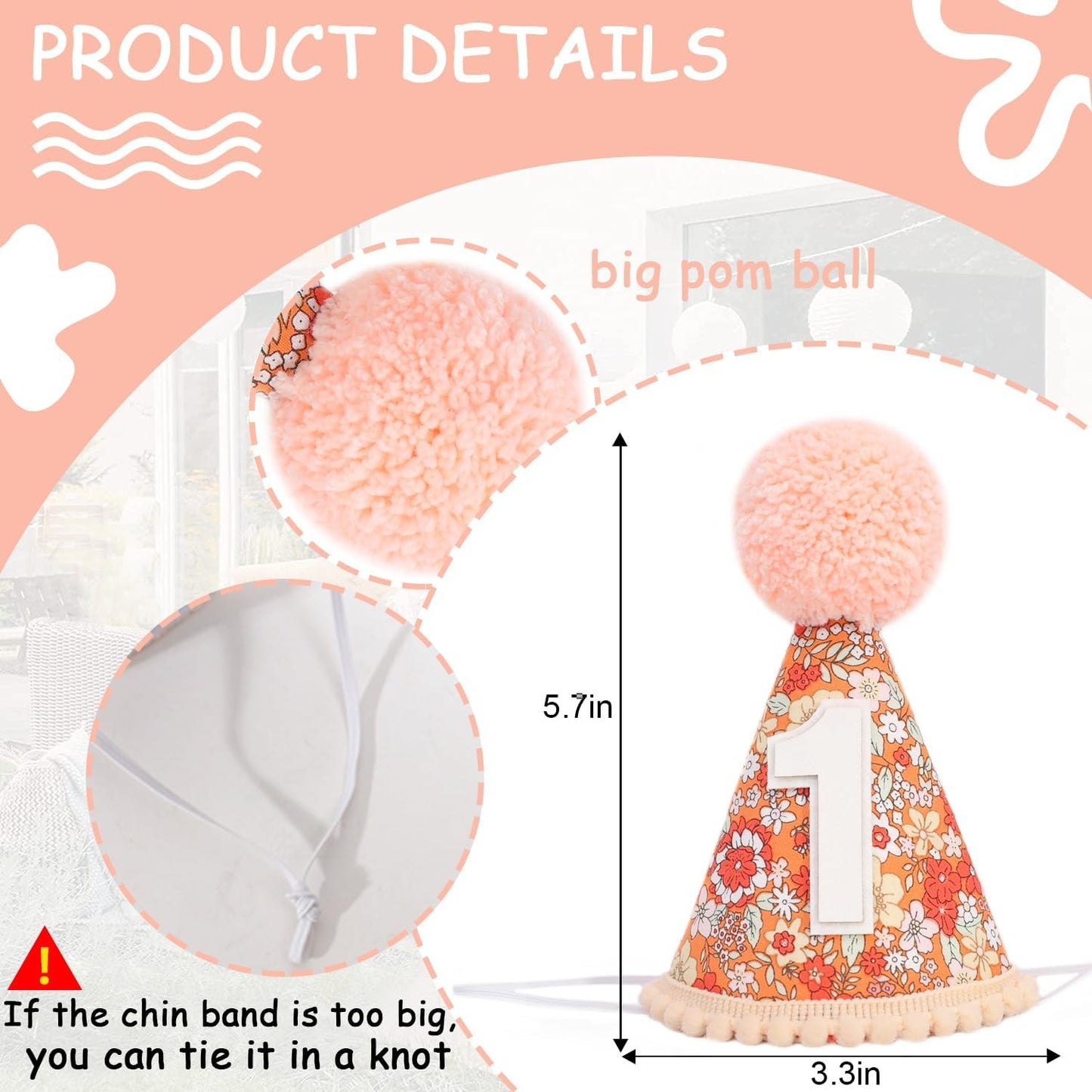 WAUAO Floral 1st Birthday Hat - Colorful Flower Cone Hat for Girls & Boys, First Birthday Crown, Party Photo Prop