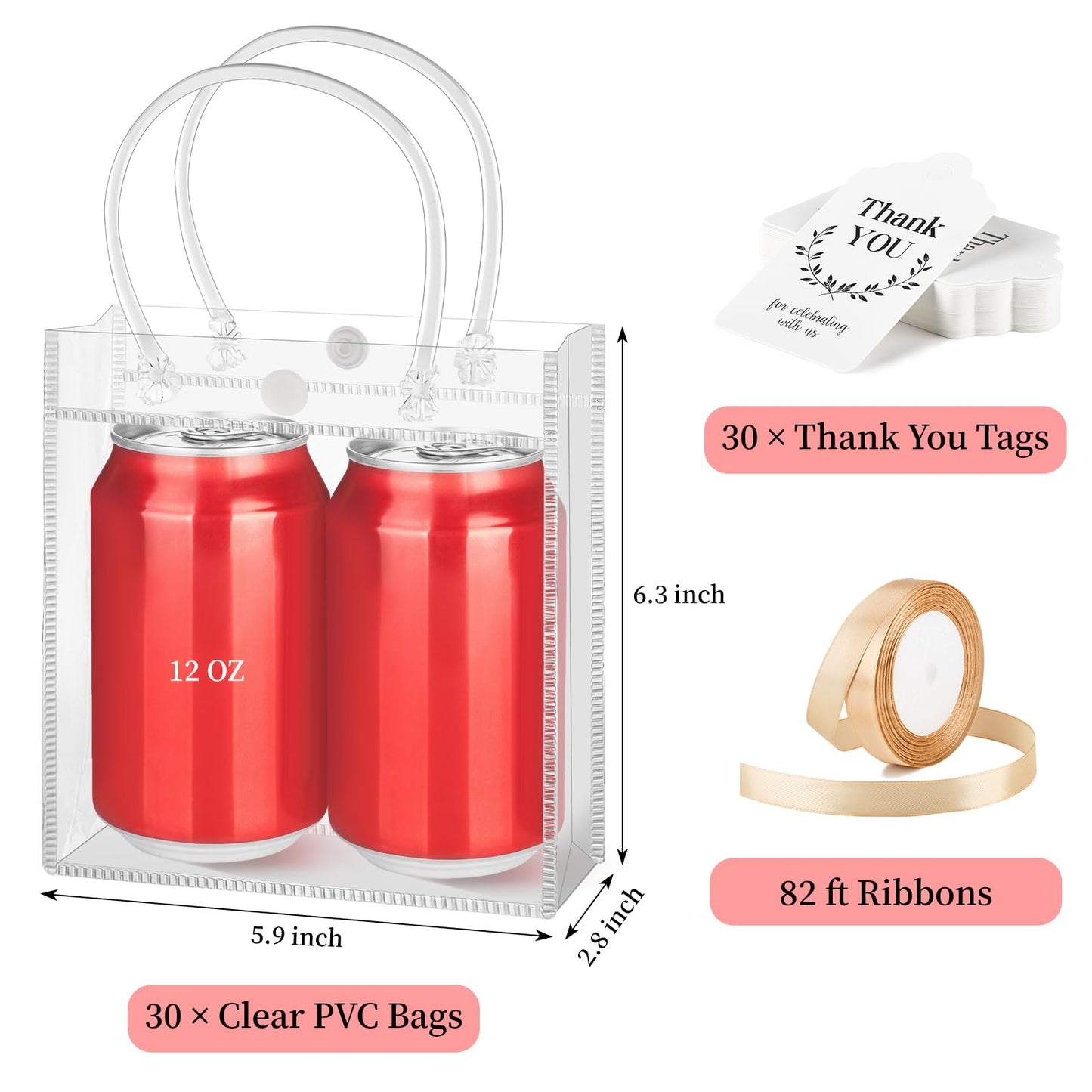 Mauproy Clear Plastic Gift Bags with Handles, 5.9 x 6.3x 2.8 Inch, 30 Pack