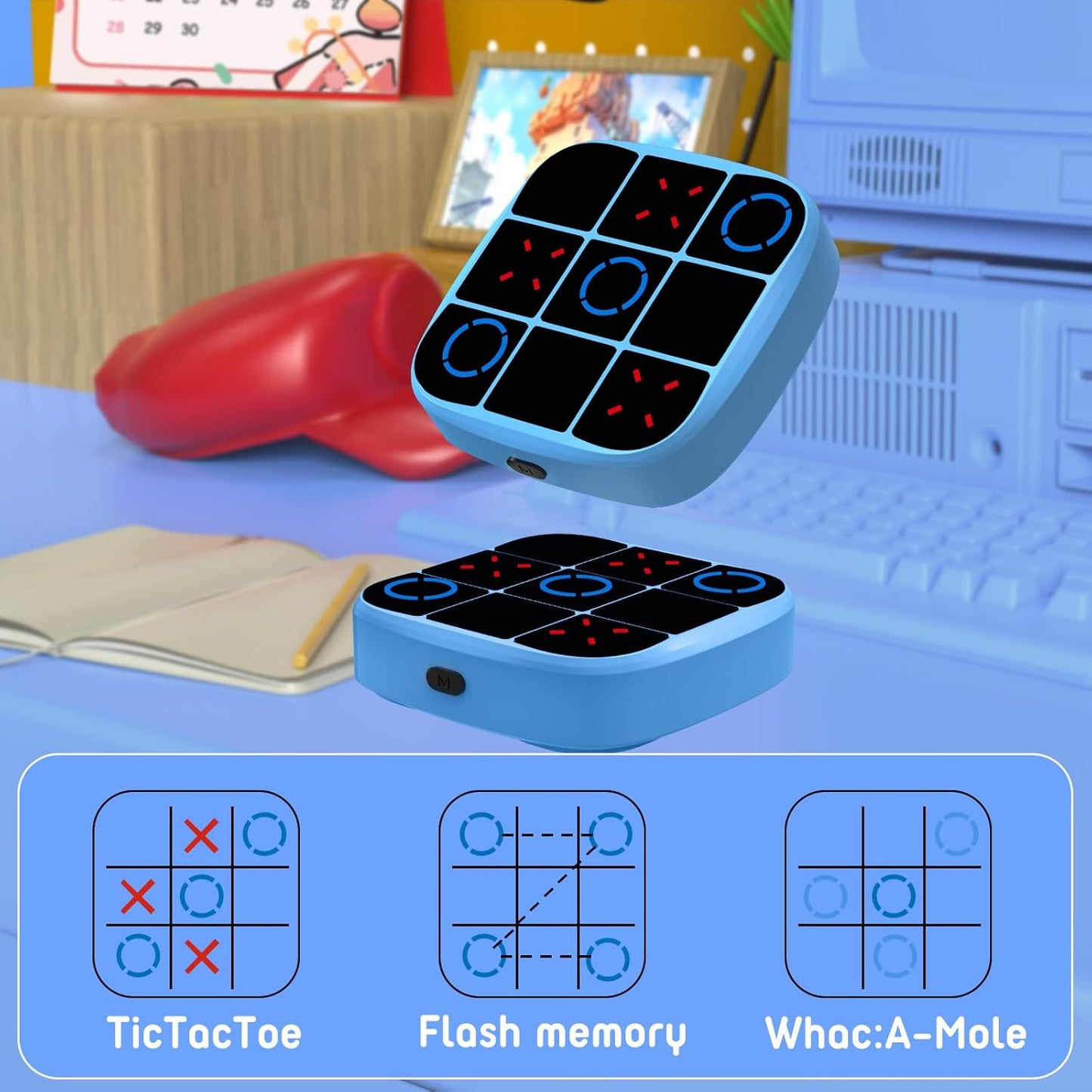 Tic-Tac-Toe Bolt Game, 4-in-1 Handheld Puzzle Games Console, Electronic Tic-Tac-Toe Game for Educational and Memory Growth, Portable Travel Games for Car Ride, Board Games for Kids and Adults (Blue)