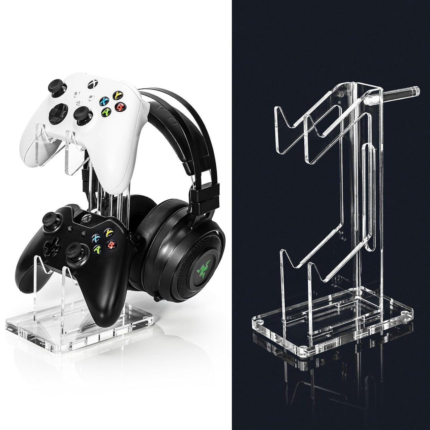 OAPRIRE Headset and Controller Stand, Space-Saving 2 Tier Game Controller Holder, Acrylic Controller and Headset Stand for Desktop, Universal Design Compatible with PS5/PS4/Xbox/Switch (Crystal Clear)