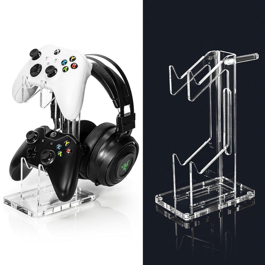OAPRIRE Headset and Controller Stand, Space-Saving 2 Tier Game Controller Holder, Acrylic Controller and Headset Stand for Desktop, Universal Design Compatible with PS5/PS4/Xbox/Switch (Crystal Clear)