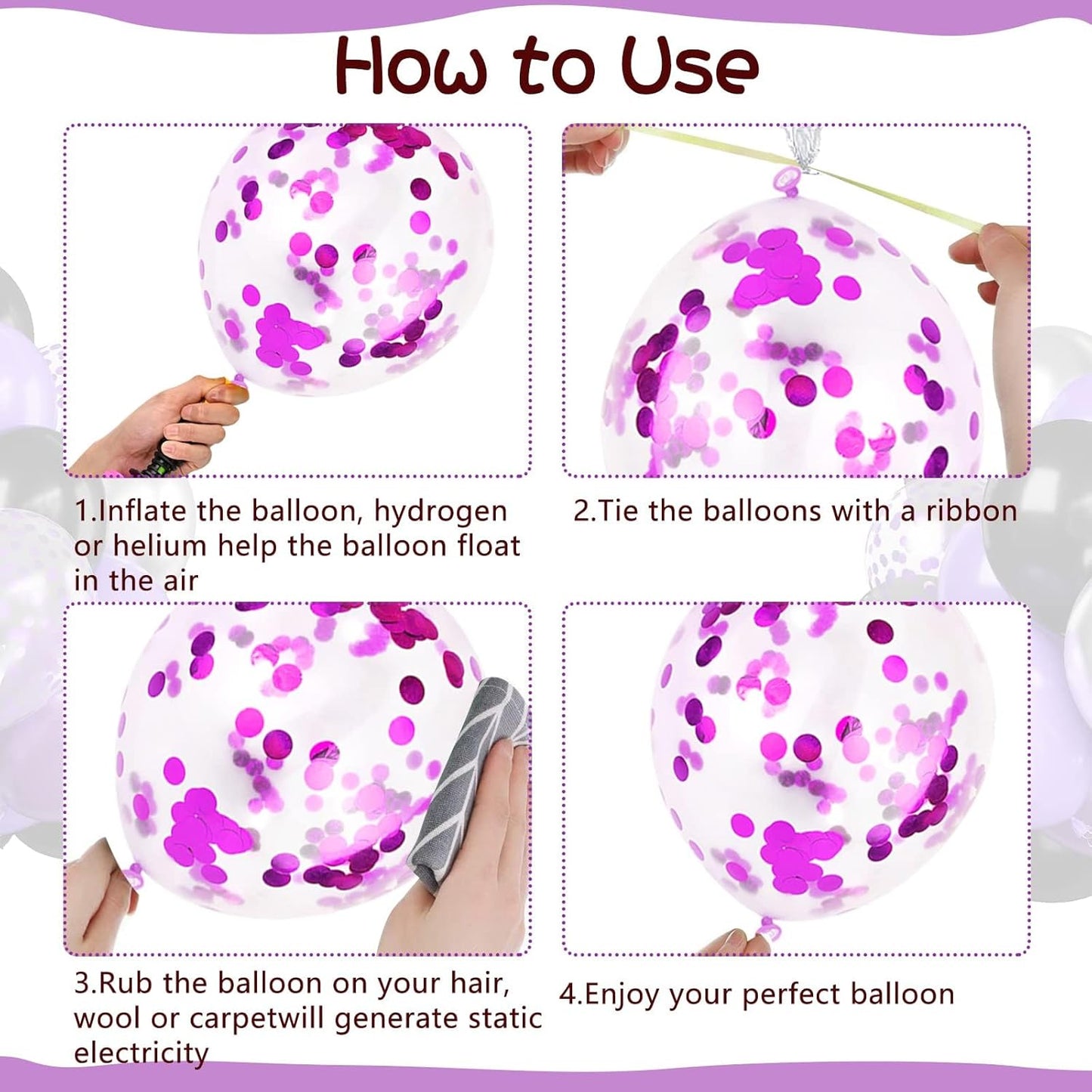 50pcs Purple & Black Balloons - 12in Metallic Silver, Black with Ribbons & Confetti for Halloween, Birthdays, Anniversaries & Graduations