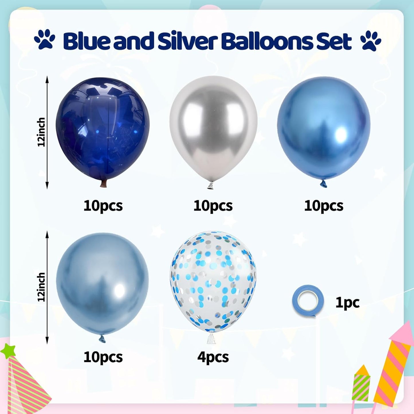 Paready Blue Silver Balloons, 50PCS Navy Royal Blue Balloons, 12 Inch Confetti Balloon Metallic Silver Party Balloon for Boys Men Baby Shower Graduation Wedding Retirement Birthday Party Decorations