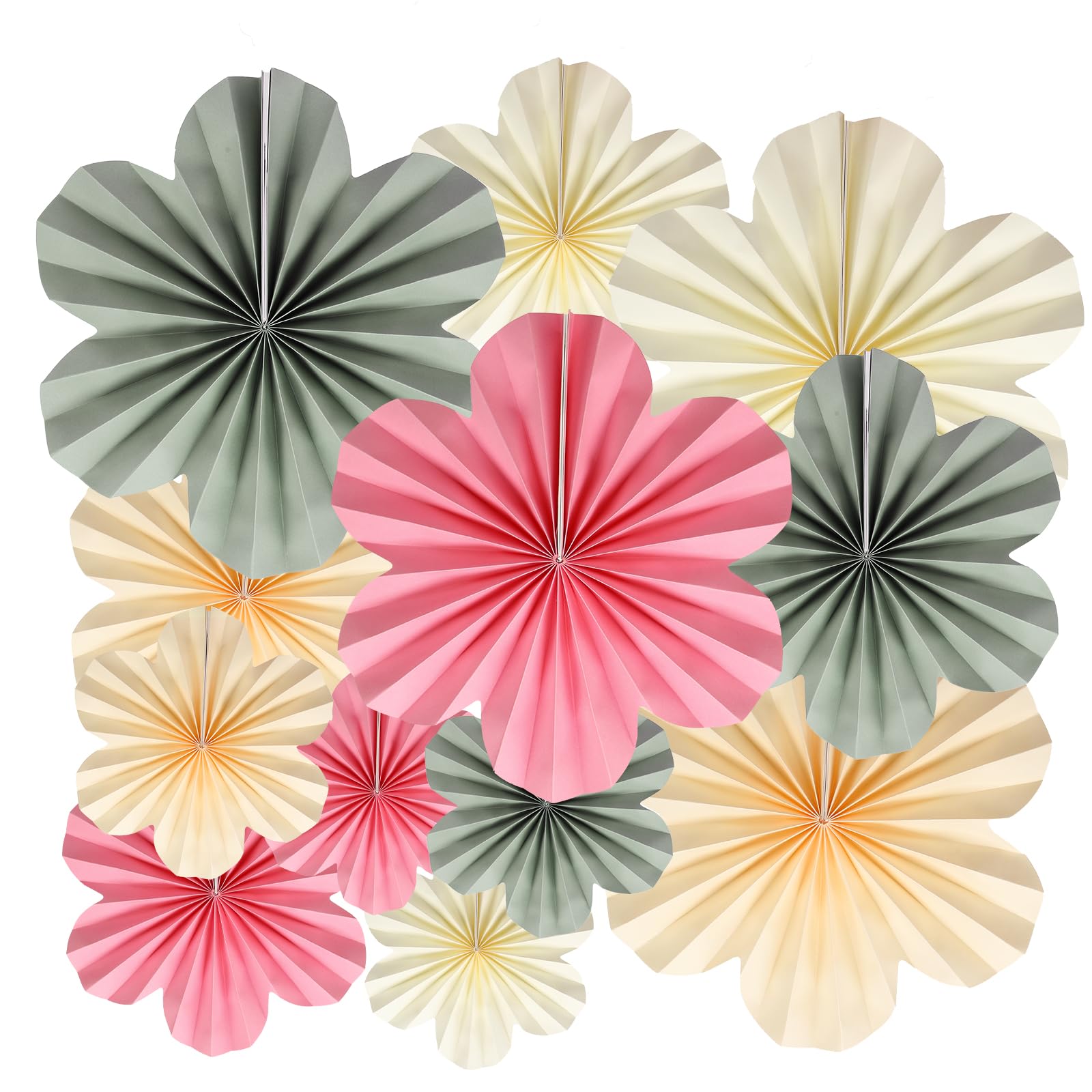 BestoFun 12 PCS Paper Flowers Fans – Sage Green Pink Beige Boho Party Decorations – Reusable Tissue