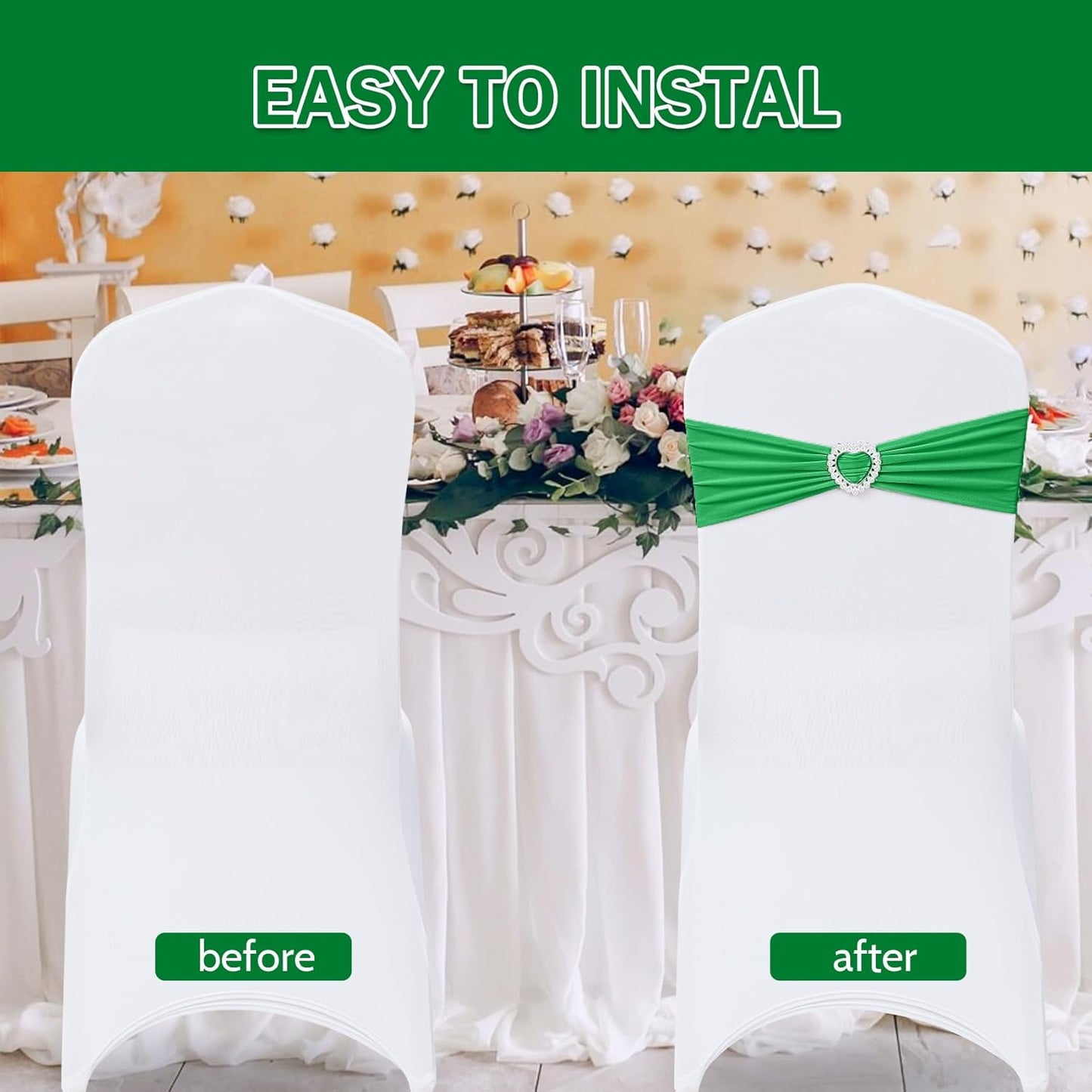 Howhic Pack of 120 Spandex Chair Sashes Bows Stretch Chair Cover Band with Buckle Slider Universal Elastic Chair Ties for Wedding Banquet Party Event Decoration (Emerald)