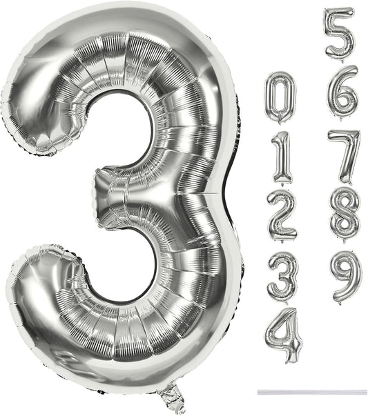 Silver 3 Balloons, 40 Inch Giant Helium Foil Number 0-9 Silver 3rd Birthday Balloon for Boys Girls, Self Inflating Digit 3 Balloons for Women Men Anniversary New Year Party Decorations Supplies
