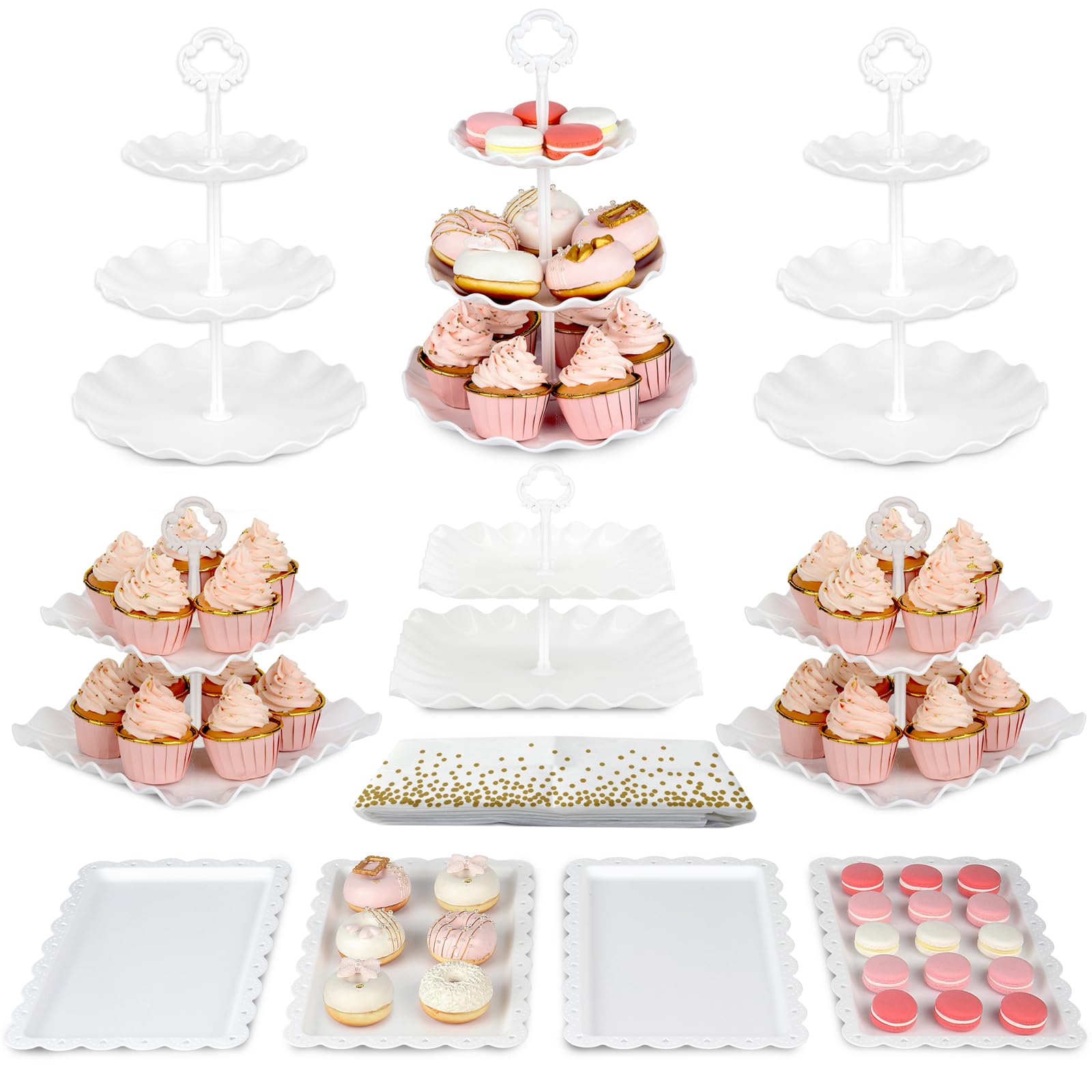 Pack of 11 NWK Cake Stand Set of Cupcake Stand, Tray & Table Cloth (White)