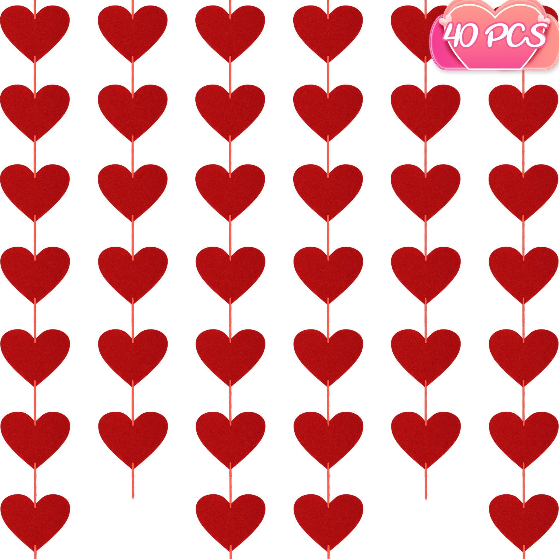 40PCS Valentines Day Decor, Red Heart Banner with Felt Hearts, Hanging Valentines Day Decoration