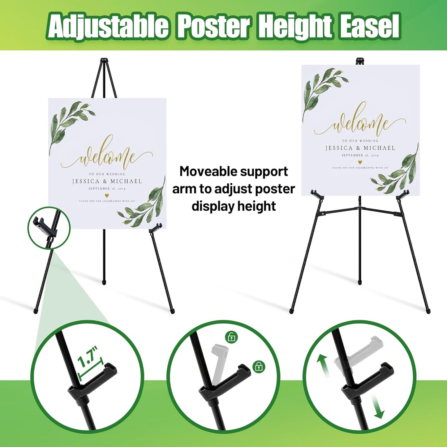 3Pcs Easel Stand for Sign - 63" Display Easel for Wedding Sign Stand Poster Stand, Lightweight Poster Easel for Painting, Folding Portable Easel Stand with Carrying Bag, Black