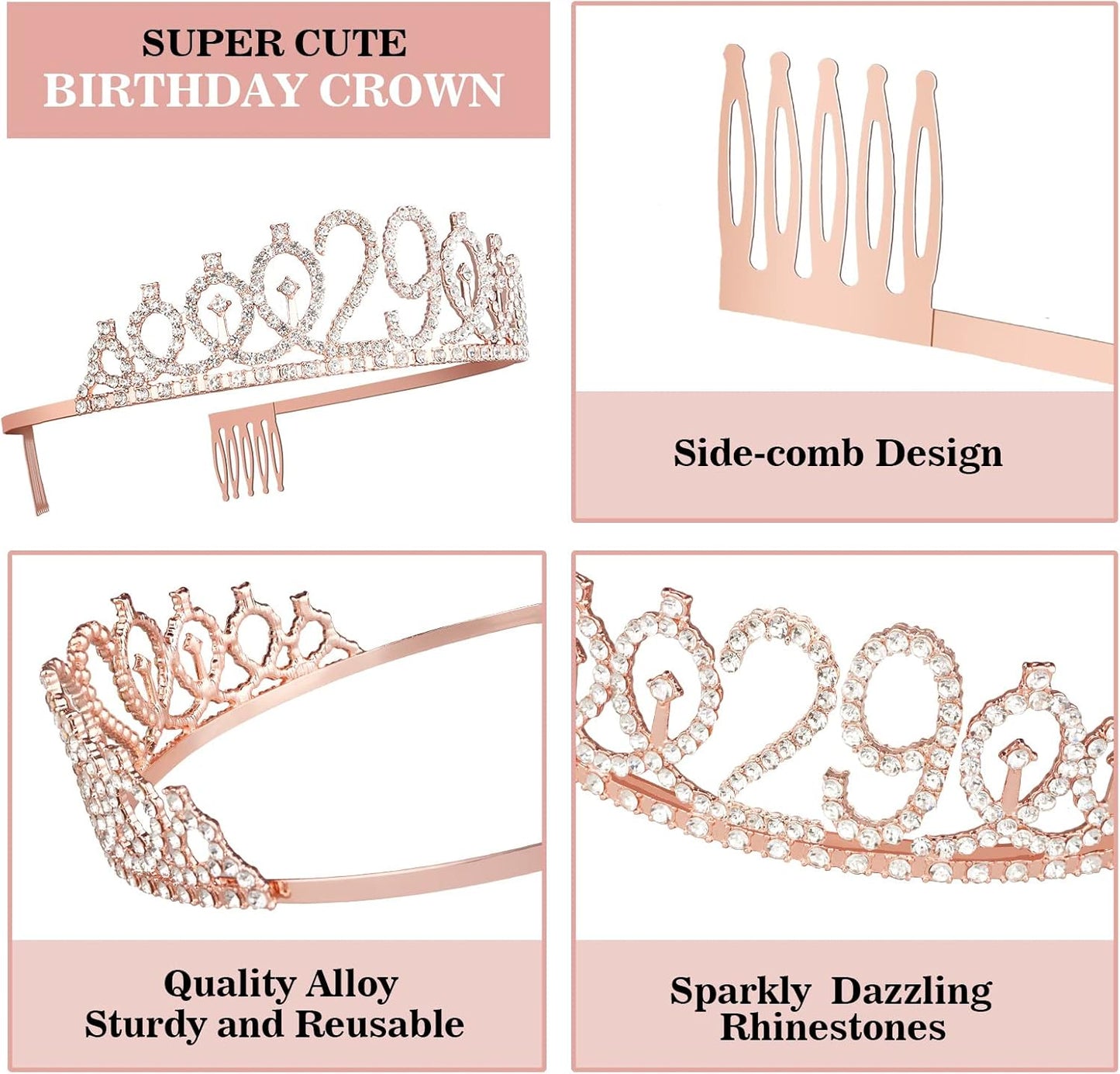 29th Birthday Decorations for Women Including Birthday Sash, Tiara, Numeral Candles and Cake Topper, 29 Year Old Gifts for Women, Rose Gold Party Decor Supplies