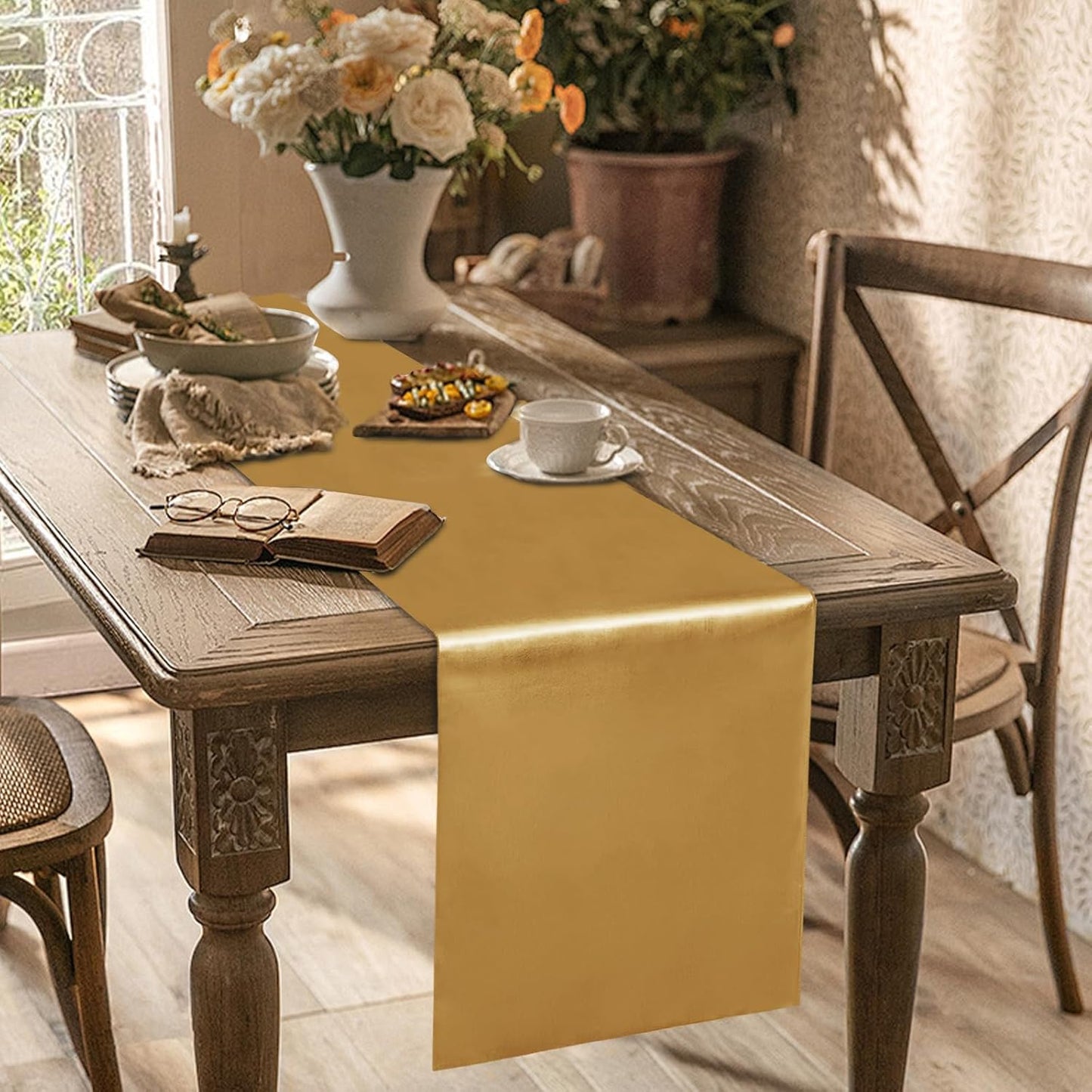 10 Pack Satin Table Runner 12 x 108 Inch Long Old Gold Silk Table Runner for Wedding Party Banquet Birthday Decoration