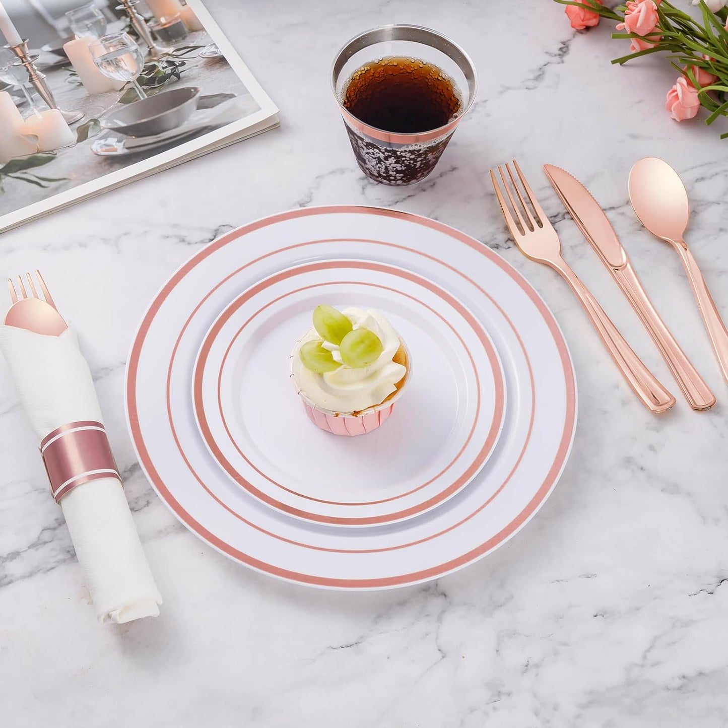 Goodluck 700 Piece Rose Gold Plastic Dinnerware Set for 100 Guests, Disposable Plates for Party, Include: 100 Dinner Plates, 100 Dessert Plates, 100 Pre Rolled Napkins with Silverware, 100 Cups