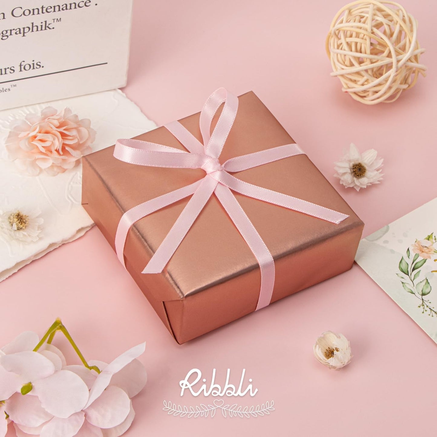 Ribbli Double Faced Light Pink Baby Pink Satin Ribbon,1/4” x Continuous 25 Yards,Use for Bows Bouquet,Gift Wrapping,Baby Shower,Floral Arrangement
