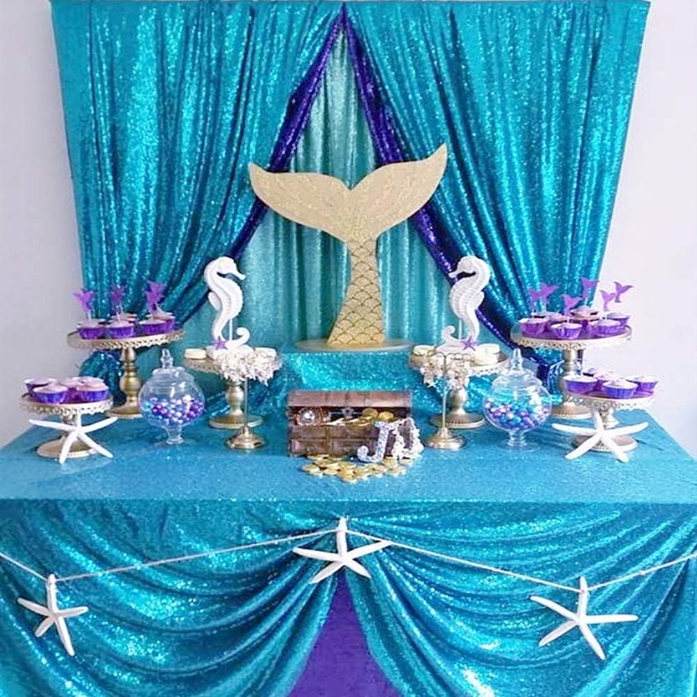 QueenDream Aqua Blue Tablecloth 90 x 132 Inch Sequin Tablecloth for Party Decorations Glitter Tablecloth for Bridal Baby Shower Wedding