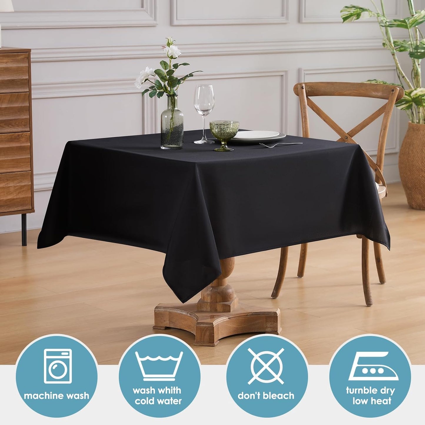 VidaFete Square Tablecloth 52 x 52 Inch Tablecloths Stain Wrinkle Resistant Polyester Dining Table Cover for Kitchen Dinning Party Wedding Rectangular Tabletop Buffet Decoration(Black)