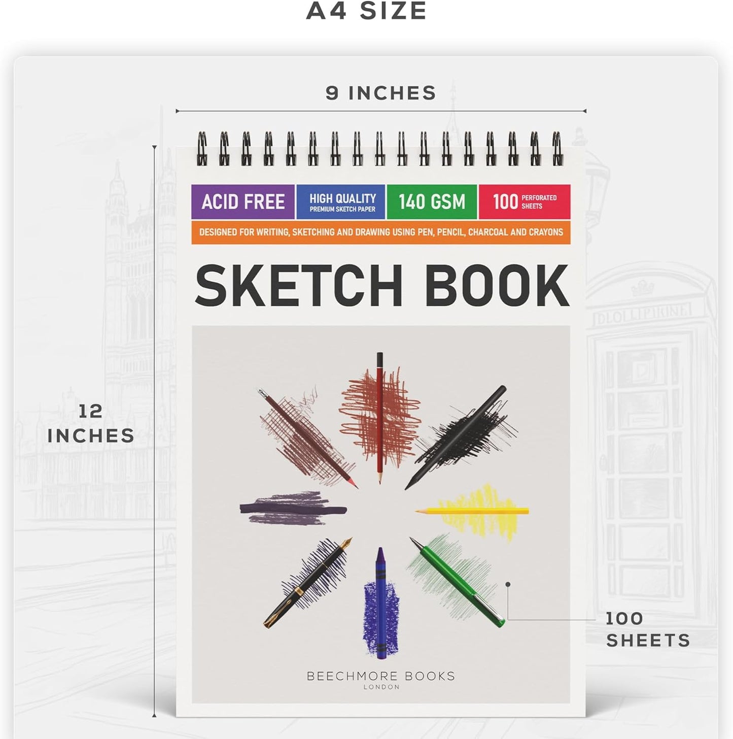 BEECHMORE BOOKS 9x12 Spiral Sketchbook ??140 GSM Acid-Free Paper, 100 Perforated Pages, A4 Art Sketch Pad for Drawing & Sketching, Artists, Adults