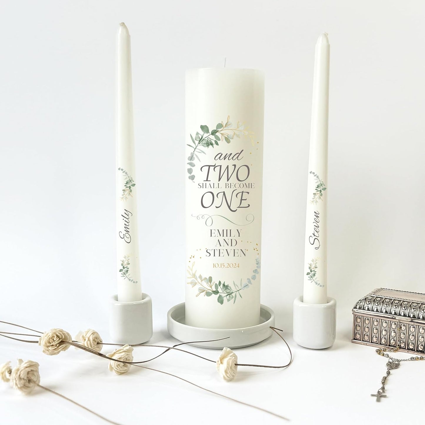 Unity Candles for Wedding, Modern Unity Set, Custom and Personalized Pillar and Taper Candles with Quote, Unscented White Premium Wax, Religious and Wedding Ceremony, Special Events (Custom Date)