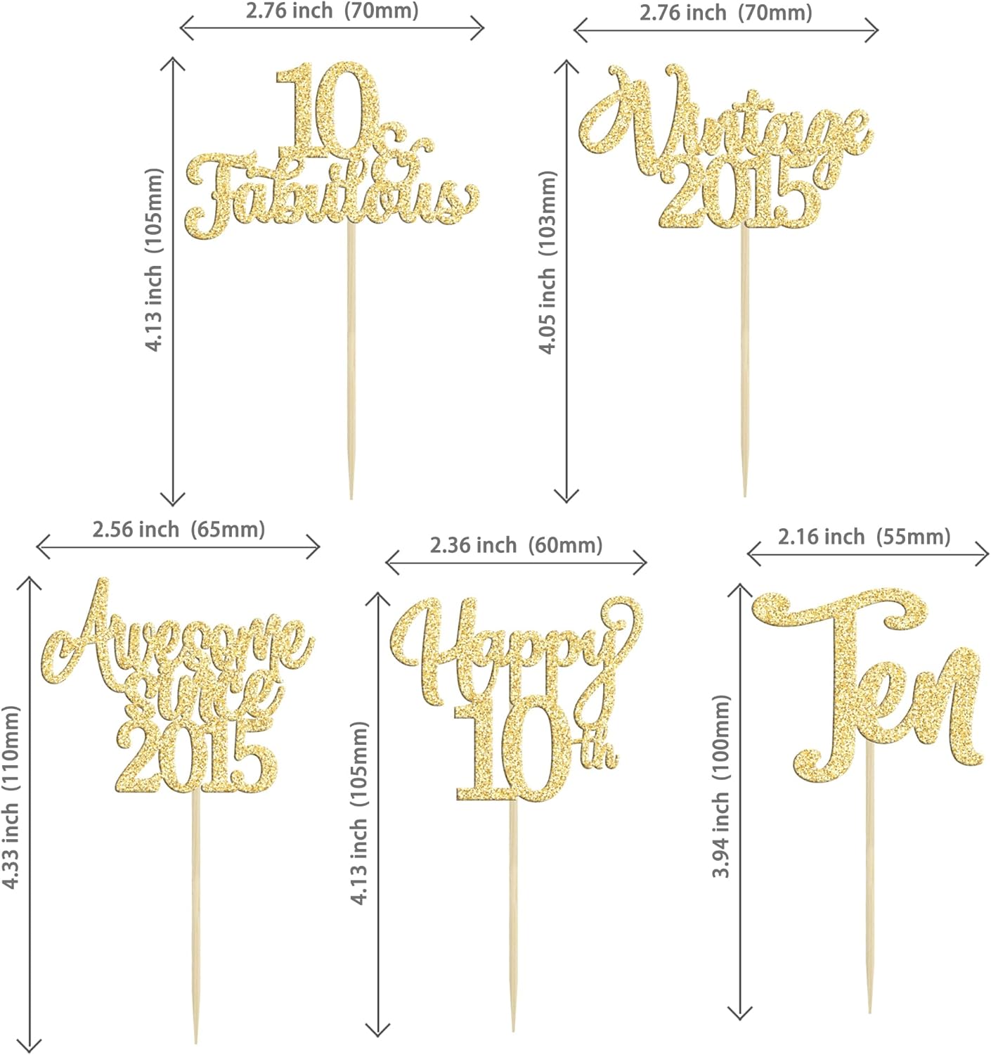 30Pcs Vintage 2015 Cupcake Toppers Glitter Happy 10th Birthday 10 Fabulous Cupcake Picks Cheers to 10 Years for 10th Birthday Wedding Anniversary Party Cake Decorations Supplies Gold