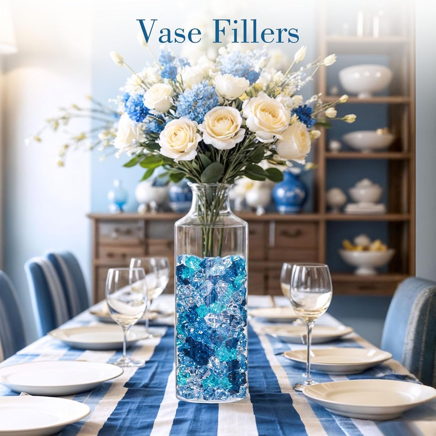 DomeStar 150PCS Fake Ice, Acrylic Blue Gems, Vase Fillers Fish Tank Rocks Aquarium Tank Decor Table Scatter Decoration