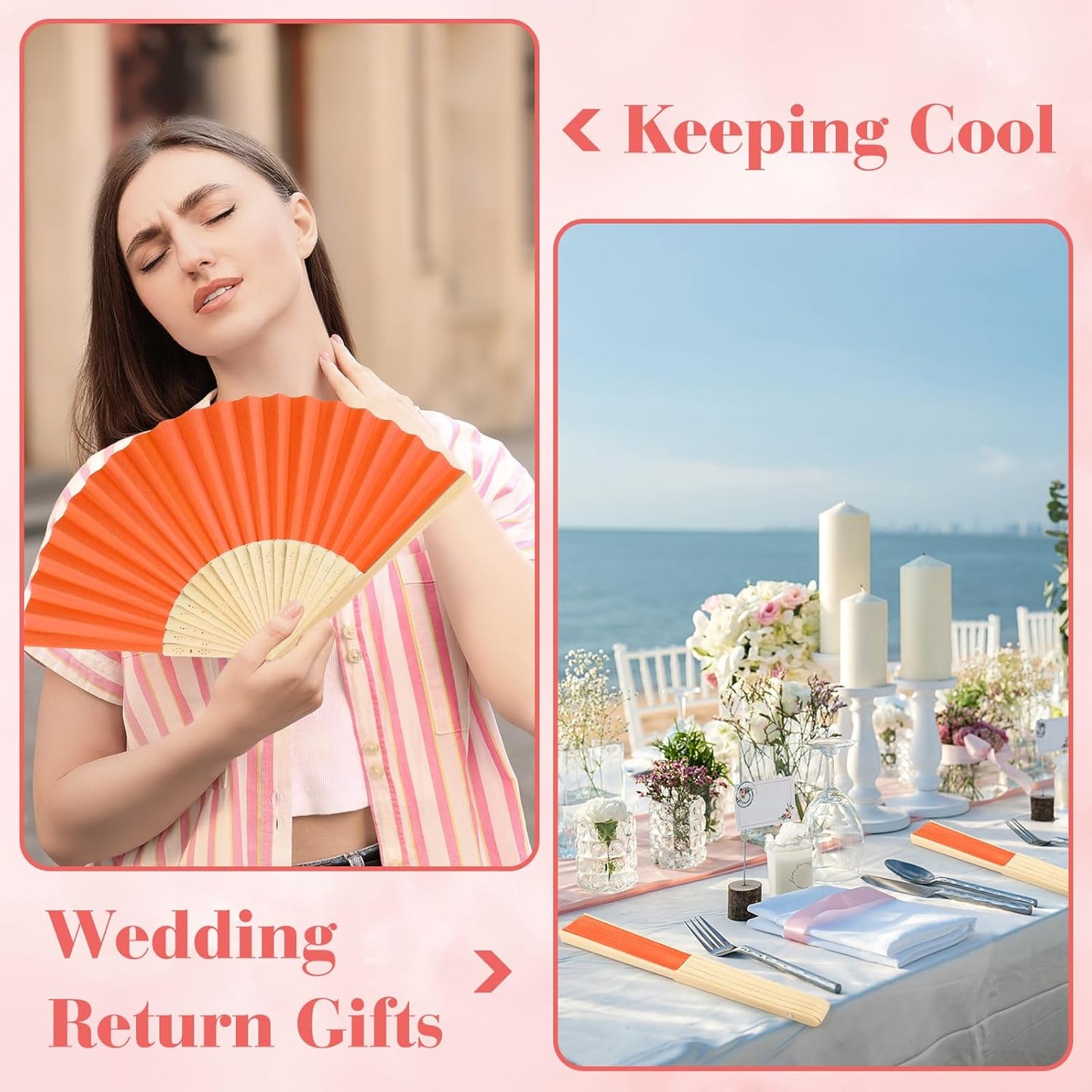 12 Pieces Orange Hand Held Bamboo Folding Fans Paper Fans Handheld for Women Foldable Girls Wedding DIY Decoration Church Home Party Favors Summer