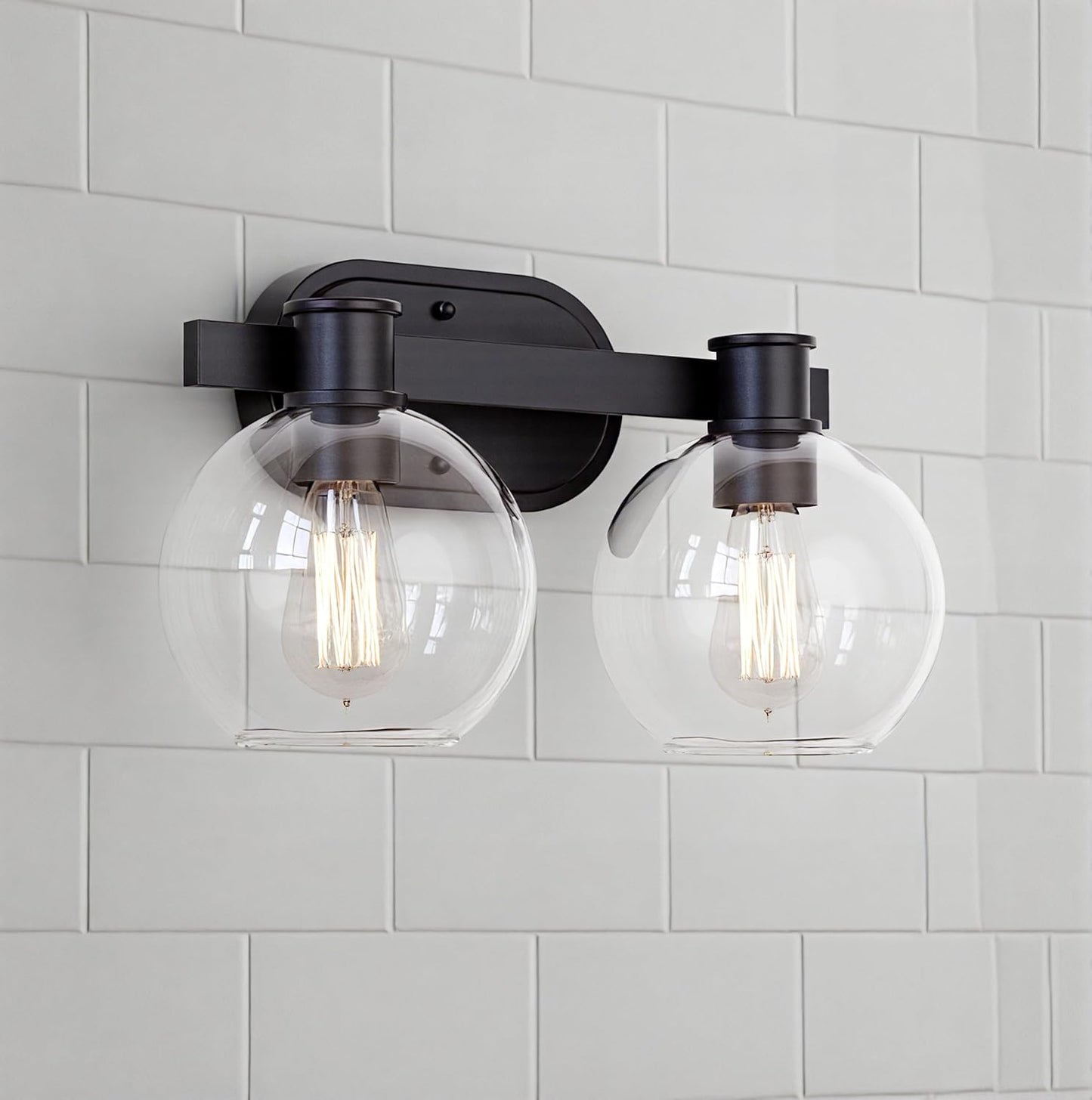 Dan Modern Farmhouse 2-Light Vanity Light Wall Sconce Lighting with Clear Glass Globe Shade in Light Black Finish for Bedroom, Hallway, Kitchen