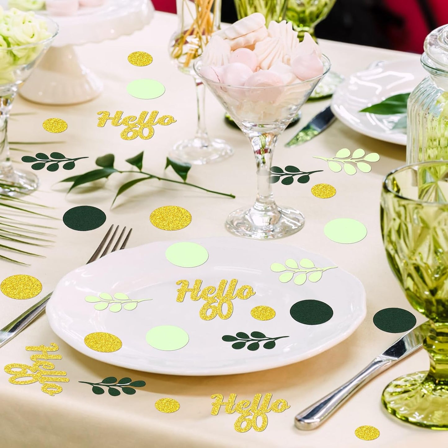 300PC Gold Glitter and Sage Green Happy 60th Birthday Decorations for Men/Woman Greenery 60th Birthday Confetti for Table Sixty Party Decor Supplies