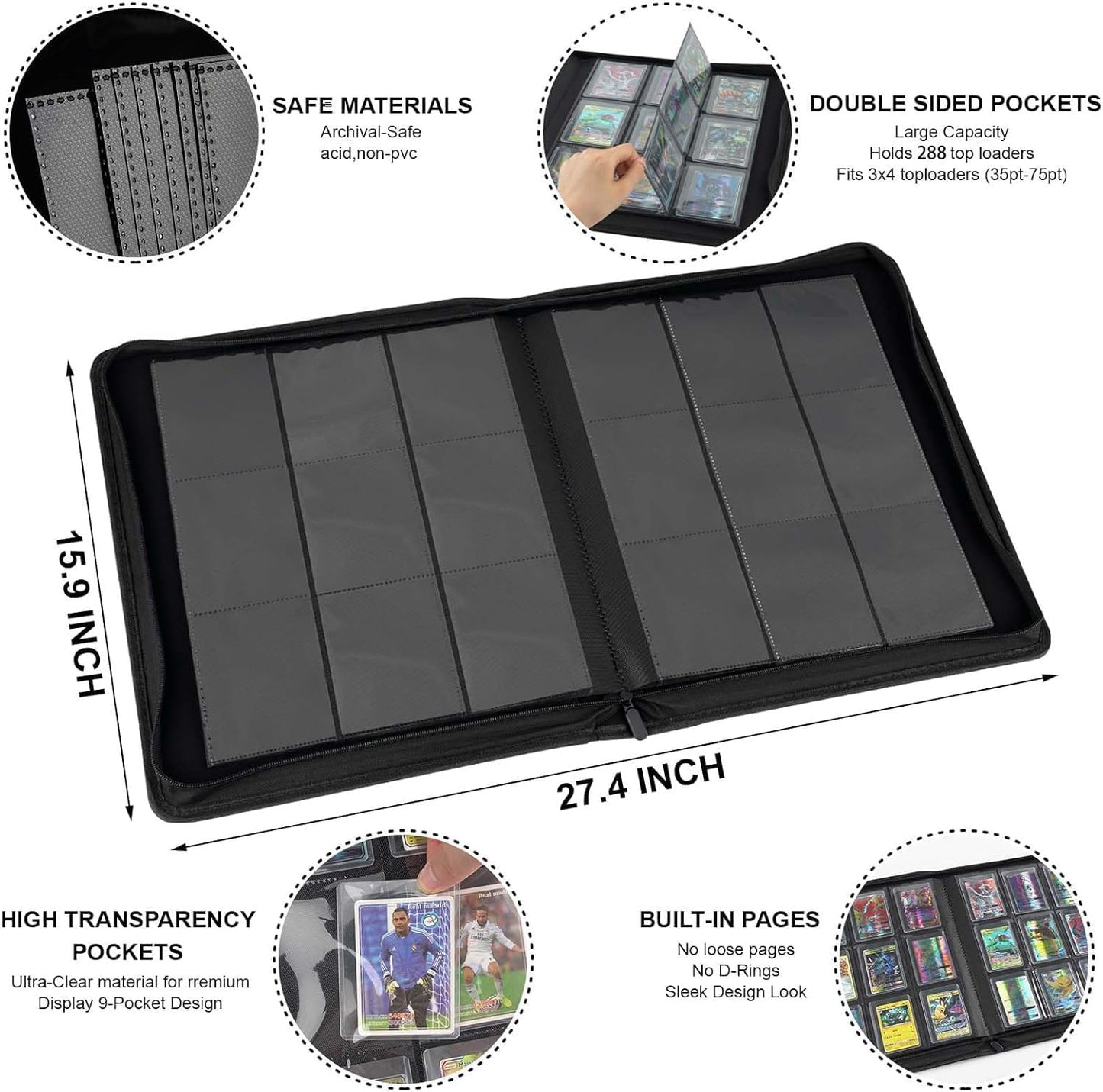 Toploader Binder with 9-Pocket Pages, Holds 288 "3×4" Rigid Toploader Hard Cases, Card Holder for Collectible Cards or Sports Cards, Durable Sleeves for Storage & Display (Purple)