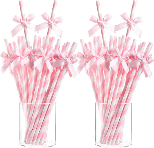 200 Pcs Pink Paper Straws for Drinking, Bow Disposable Striped Paper Straws Bulk Pink Theme Birthday Party Supplies for Wedding Cake Decorations Bachelorette Baby Shower