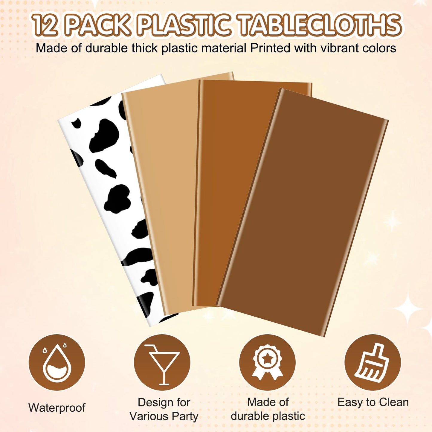 12Pack Brown and Cow Print Western Plastic Tablecloth for Rectangle Tables, Cowboy Rodeo Disposable