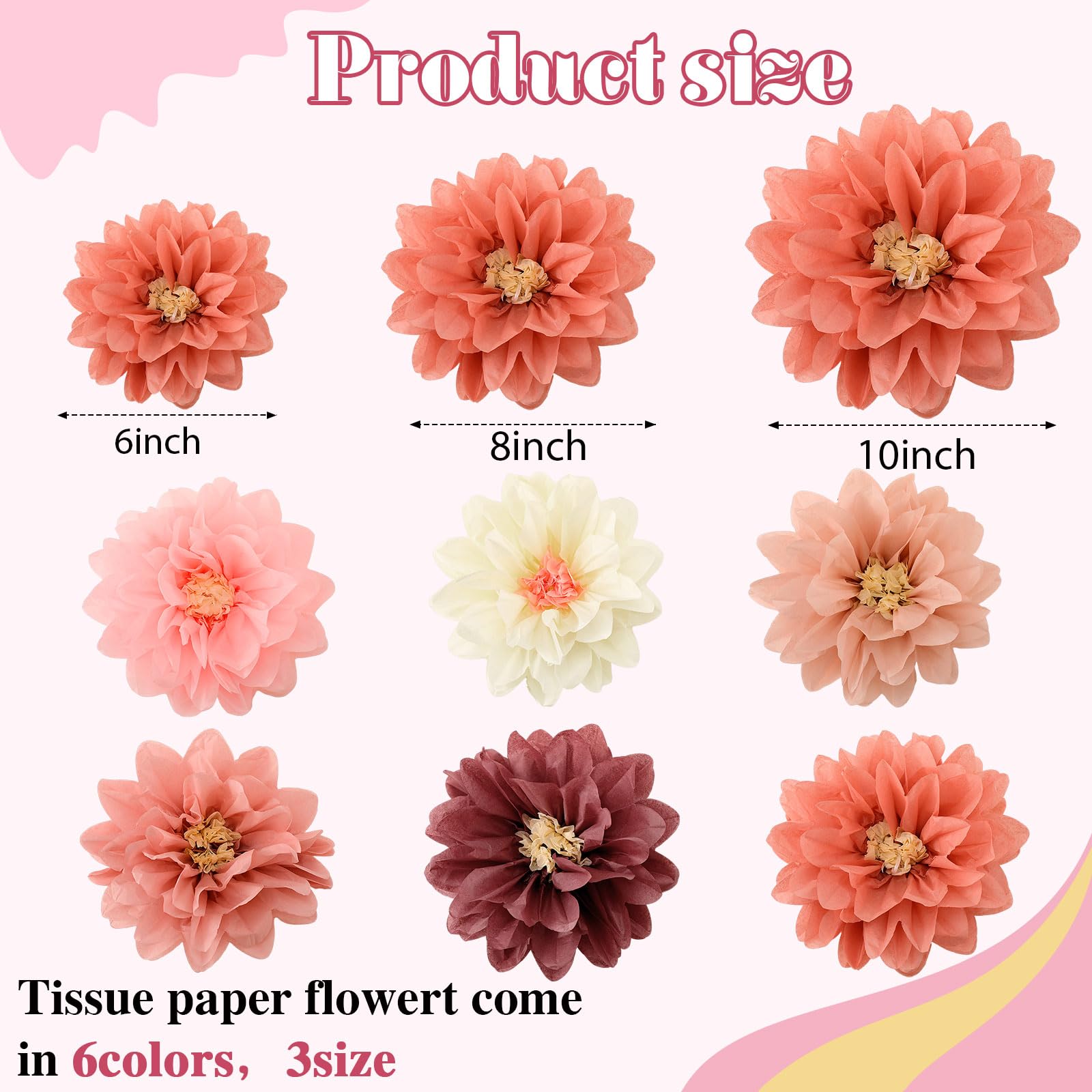 Geyee 18 Pcs Mexican Paper Flowers,Vintage Color,6" 8" 10"