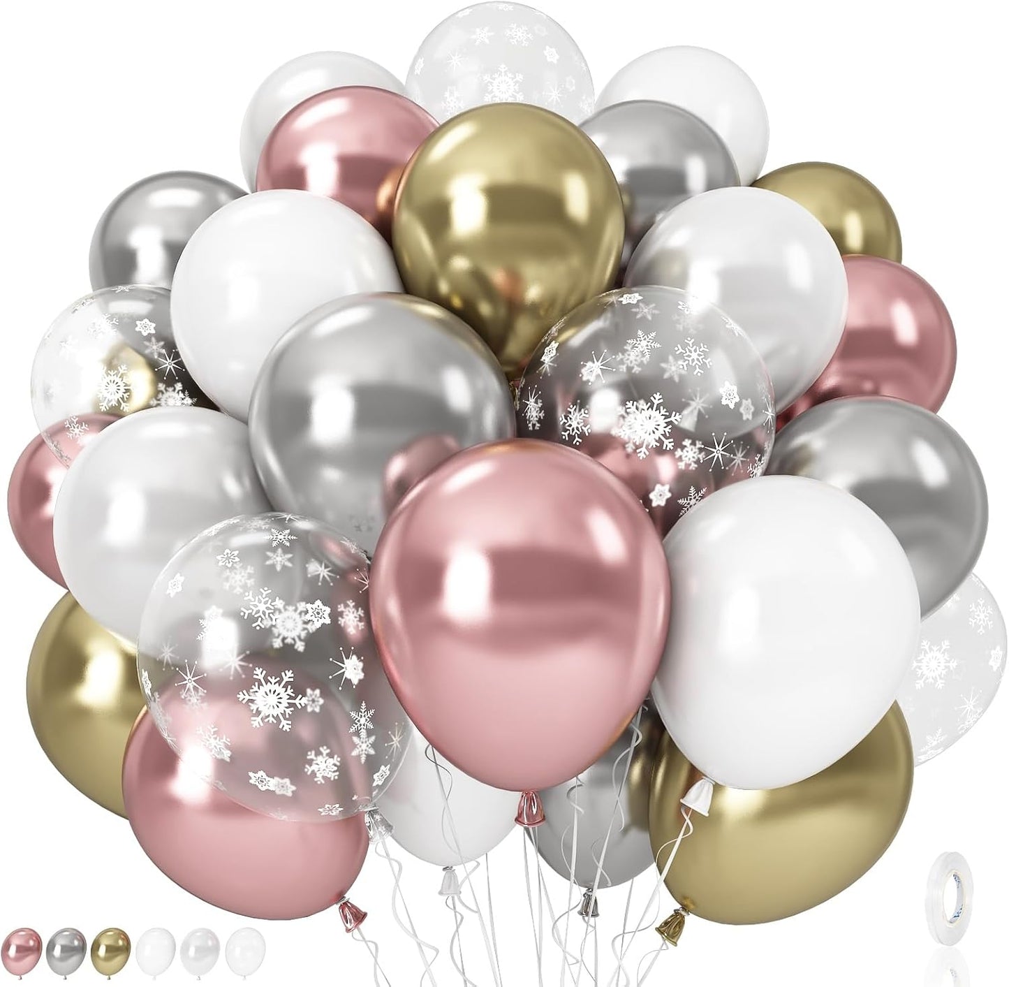 Pink White Winter Wonderland Snowflake Balloons Set, Metallic Light Pink Gold Silver White Snowflake Confetti Balloons for Girl Christmas Birthday Winter Onederland Baby Shower Xmas Party Decorations