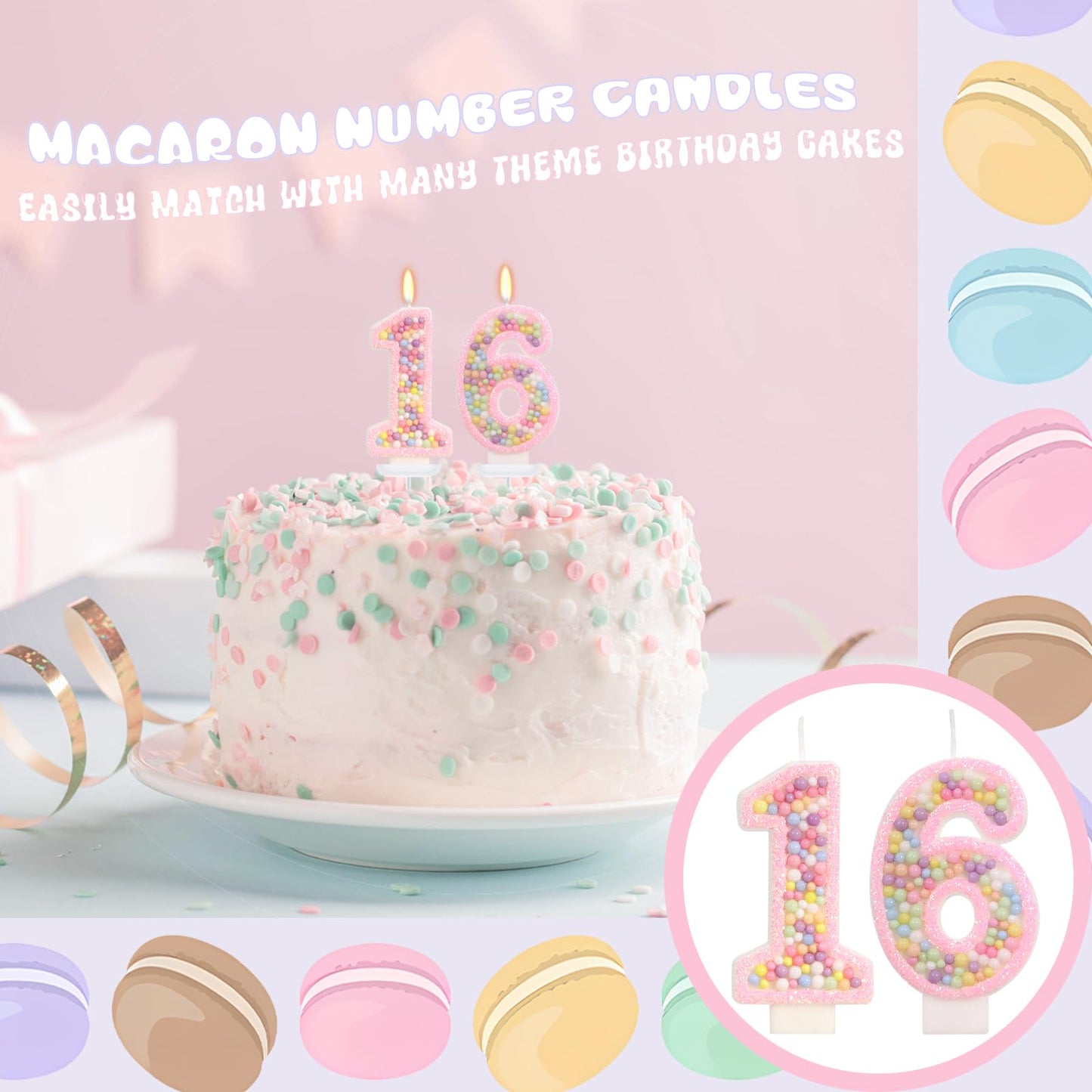 FAMGift Pink Birthday Candles - Number 16 Candle, Colorful Macaron Candles, Sweet 16 Cake Topper 16