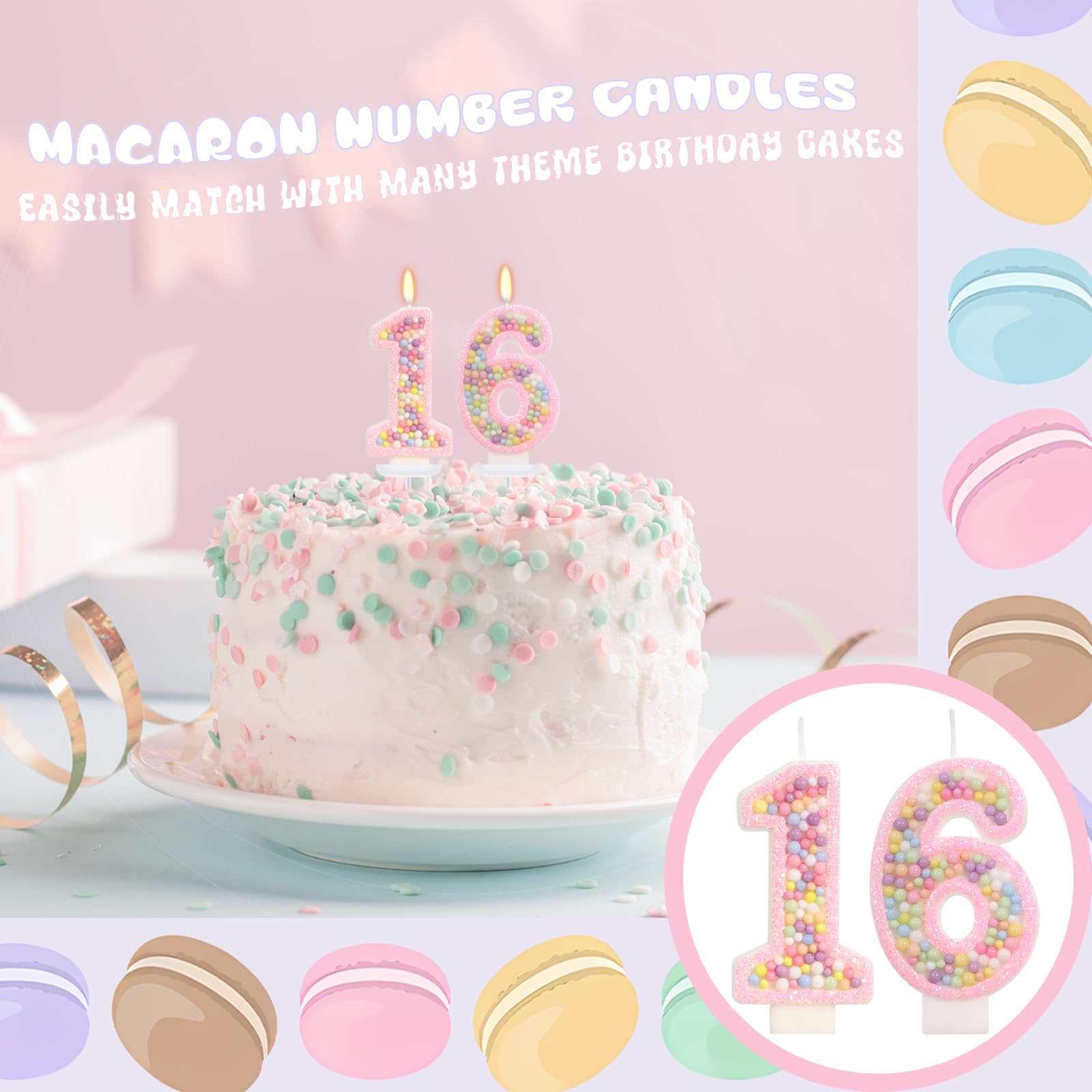 FAMGift Pink Birthday Candles - Number 16 Candle, Colorful Macaron Candles, Sweet 16 Cake Topper 16