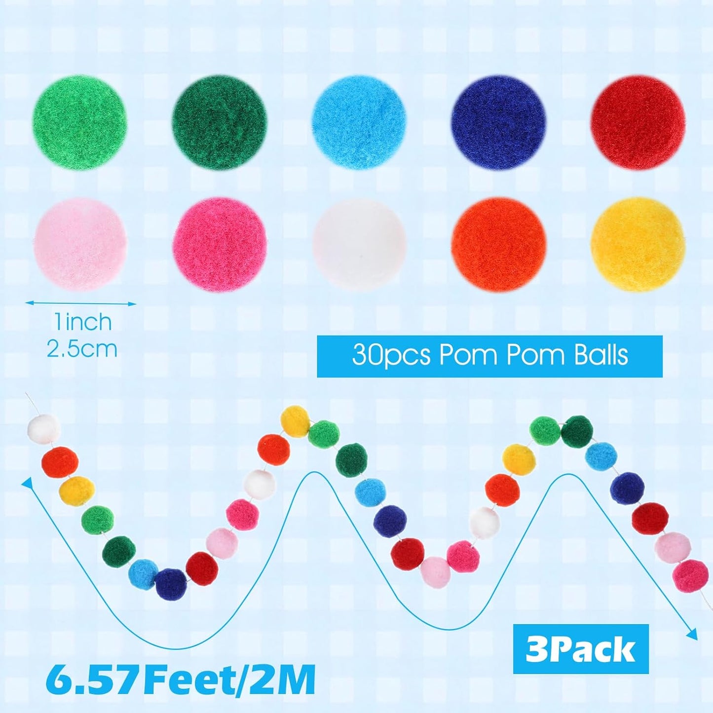 3 Pack Colorful Pom Pom Garland Decorations, Rainbow Colorful Ball Garland 6.5 Feet Long, 24 Balls Each - Rainbow Garlands Hanging Supplies for Party Home Classroom Decor