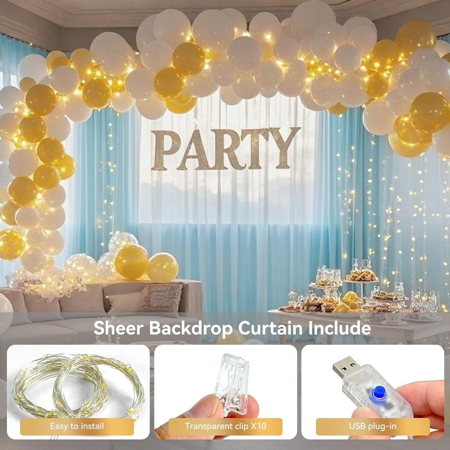 10×8ft Tulle Backdrop Curtains with Lights String - 300LED Fairy Lights Sheer Curtain Backdrop for Weddings Baby Shower and Birthday Party Decorations(6 Panels 5×8ft)