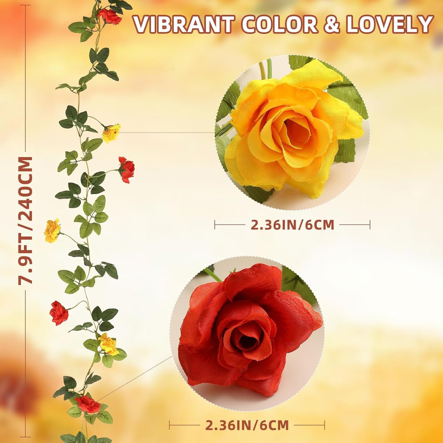 Floweroyal 2 Pack Artificial Flower Garlands 15.8FT Fake Rose Vines Silk Flowers Hanging Rose Ivy for Wedding Arch Party Home Garden Wall Decor (Orange Yellow)