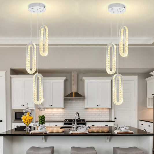 3-Light Modern Pendant Light for Kitchen Island Crystal Ring Chandelier Silver LED Pendant Lighting Fixture for Dining Room Kitchen Living Room Foyer Hallway Bedroom