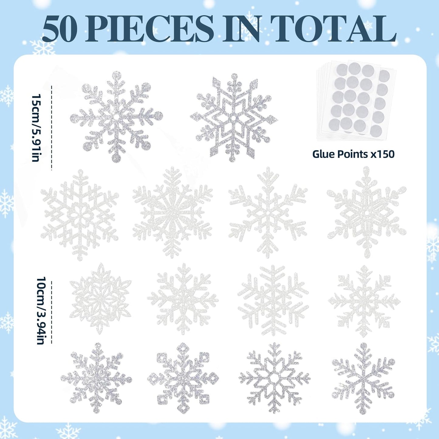 Winter Snowflake Cutouts - Glitter Paper Snowflake Decorations - 50Pcs White & Silver Double-Side Christmas Cutouts for Holiday Winter Wonderland Bulletin Board, Frozen Party Decor