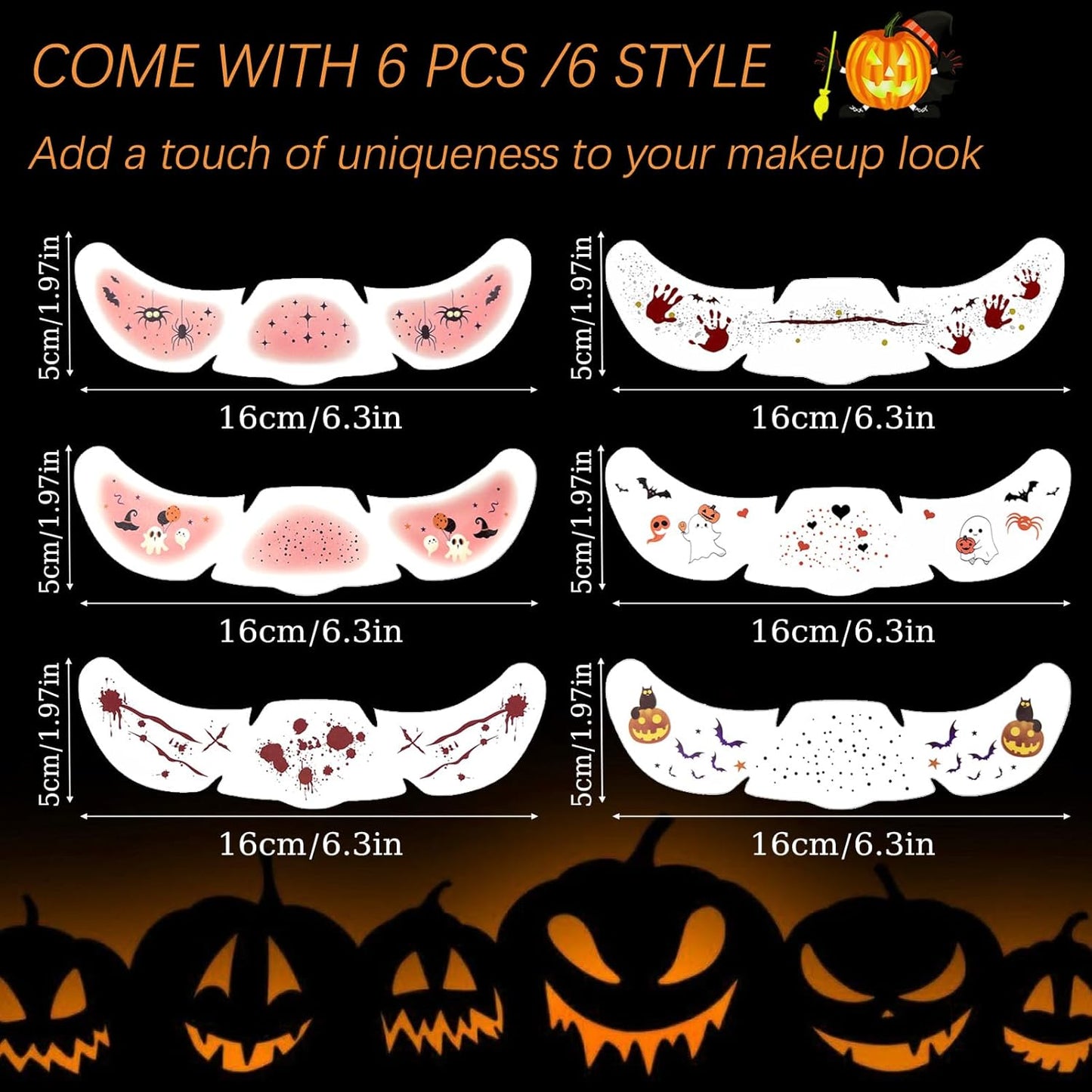 Glitter Freckles, 24PCS Glitter Freckles Face Tattoo, Sparkle Freckles for Women, Waterproof Gold Temporary Face Tattoos Glitter Glow Up Patches Makeup Patches (Halloween 6pcs)