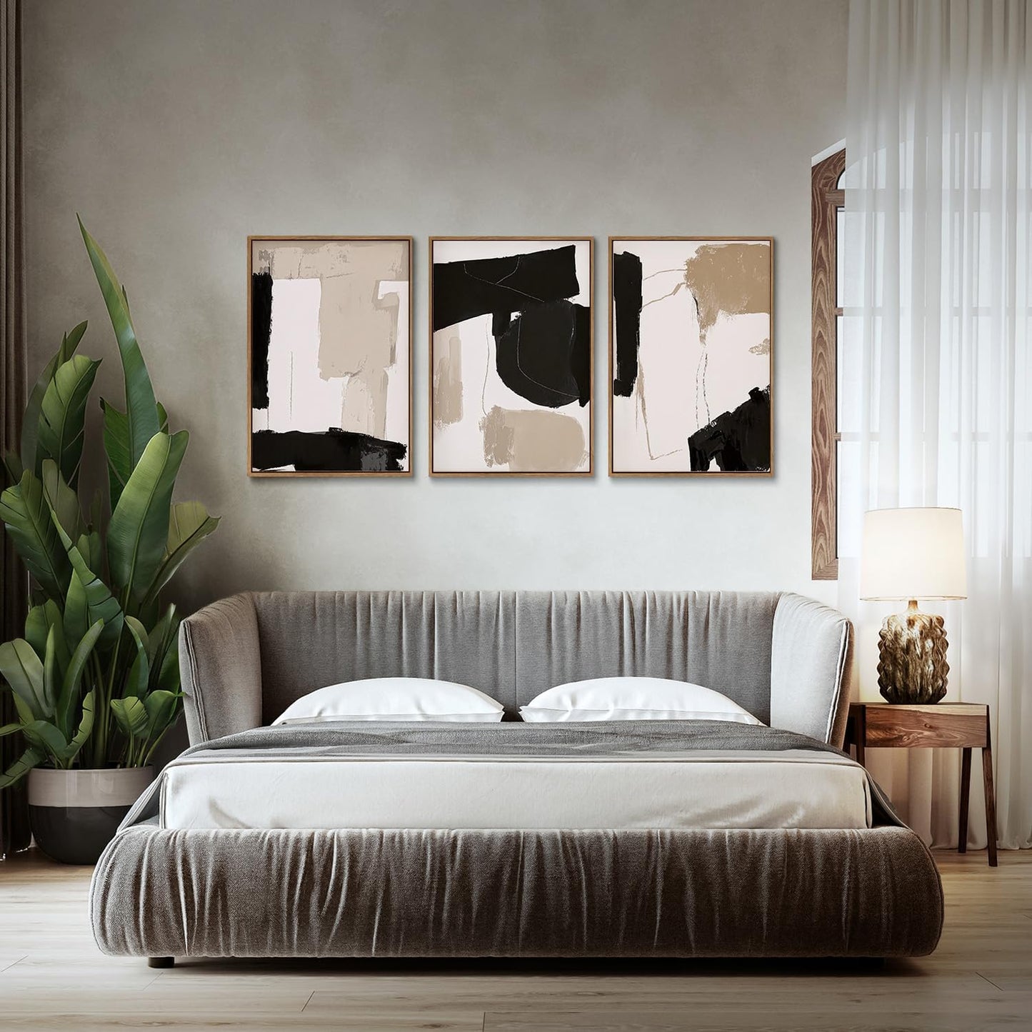 myusuar 3 Piece Large Modern Abstract Canvas Framed Wall Art For Living Room, Black And Beige Blocks Minimalist Wall Art Decor Posters Prints For Bedroom Office, 24x36in
