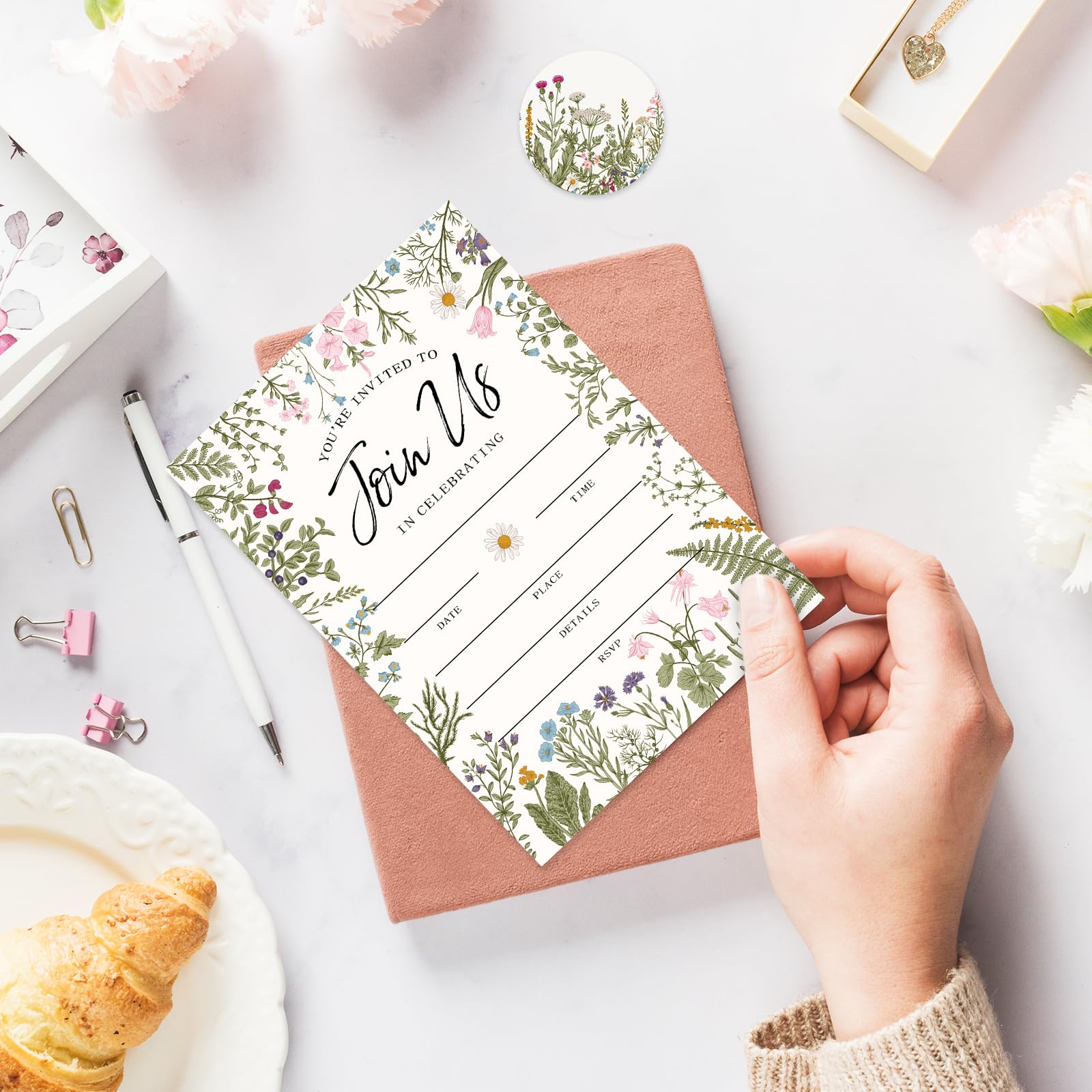 Whaline 25 Packs Vintage Floral Invitations with Envelopes and Stickers Retro Wildflower Invitation
