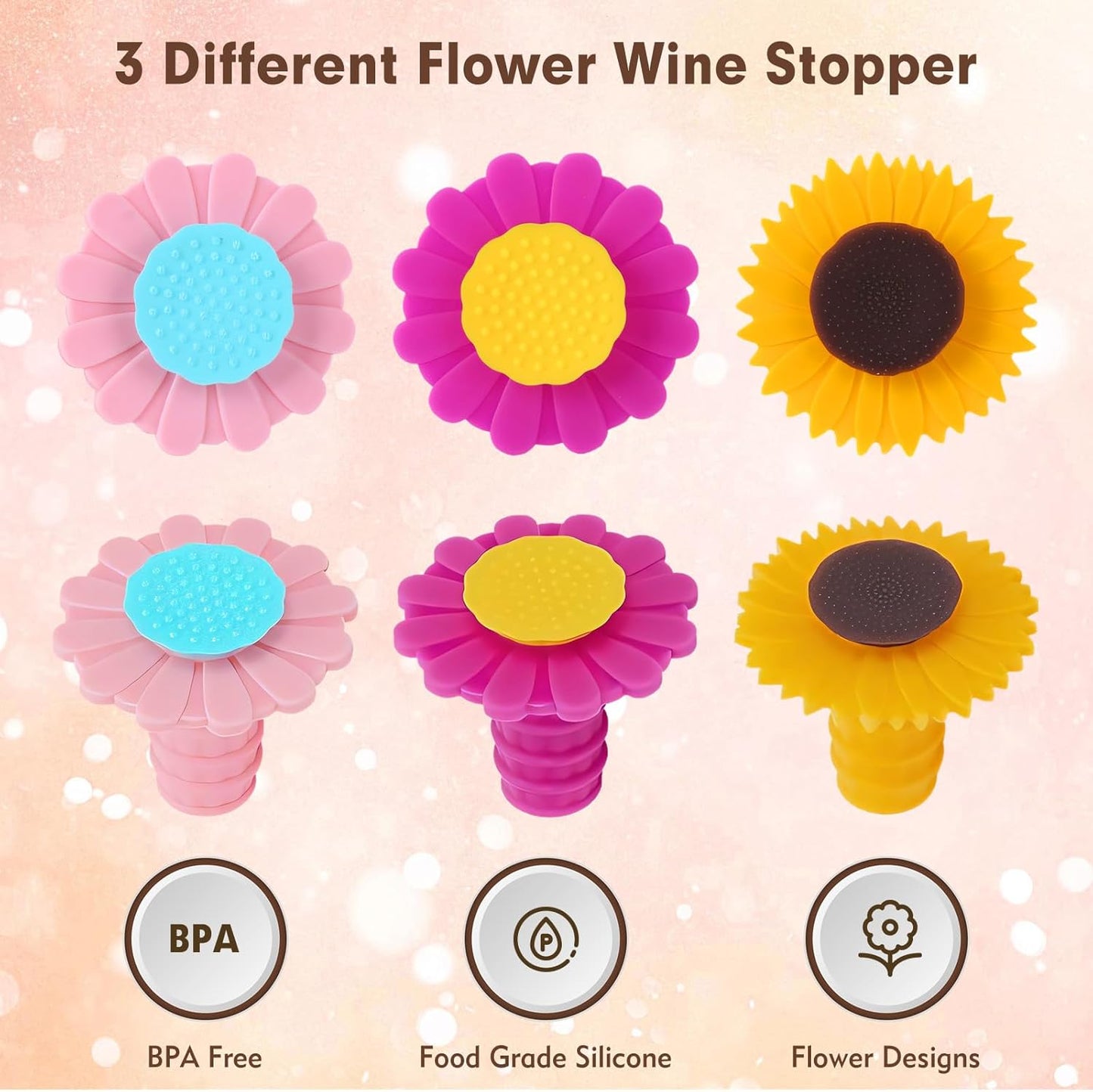 3 Pcs Wine Bottle Stopper, Silicone Sunflower Cute Wine Bottle Stopper, Reusable Wine Saver to Keep Wine Fresh(Yellow, Pink, Purple)