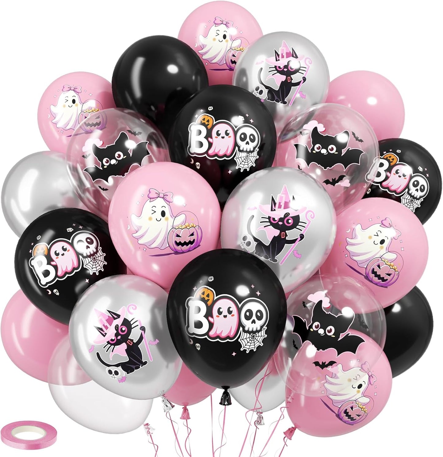 Halloween Party Balloons Decorations,12 Inch Pink and Black Balloons Set Pink Silver Print Balloon Cute Balloon for Halloween Themed Party Supplies
