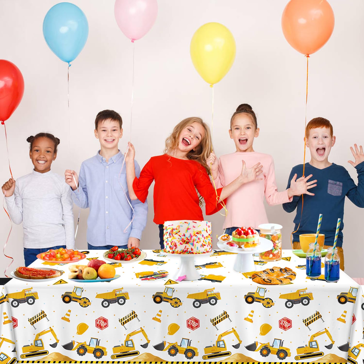 QIYANPAX 3 Pack Construction Plastic Birthday Party Tablecloths, 54 x 108 Inches - Truck Excavator