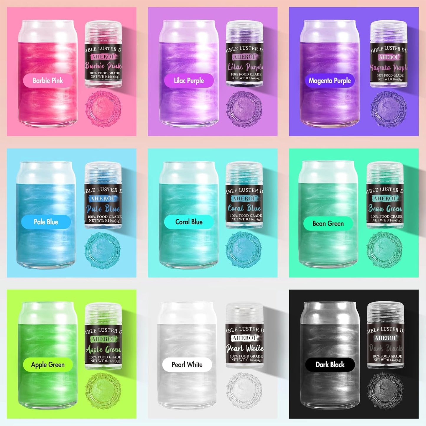 Aheroi Edible Glitter Set, 15 Colors Luster Dust Edible Set, Shimmering Glitter for Drinks Powder Glitter for Fondant, Cocktail Glitter for Cakes, Candy, Chocolate, Cookie（4g/0.14oz）