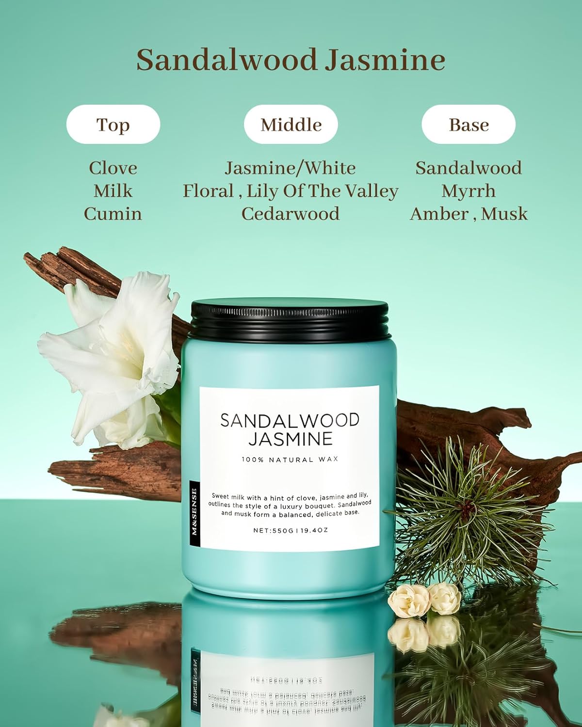 M&SENSE Sandalwood Jasmine Scented Candles, Large Soy Natural Long Lasting 19.4oz 110 Hour Burning Floral Non Toxic Double Wick Aromatherapy Candle Gifts for Women Friend