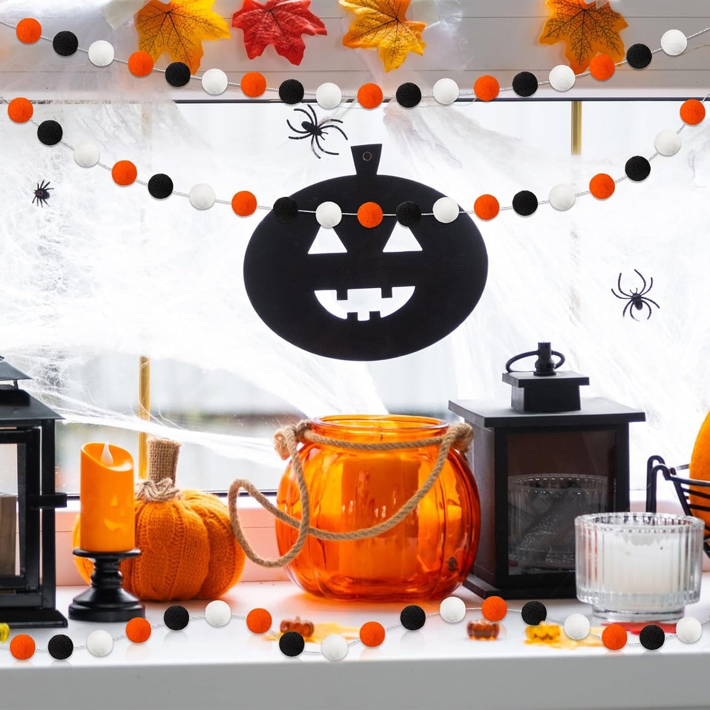 3 Pack Pom Pom Garland Colorful Felt Ball Garland Decorations, 6.5 Feet Long with 30 Balls Banner Hanging Supplies for Halloween, Parties (Orange, black &White)