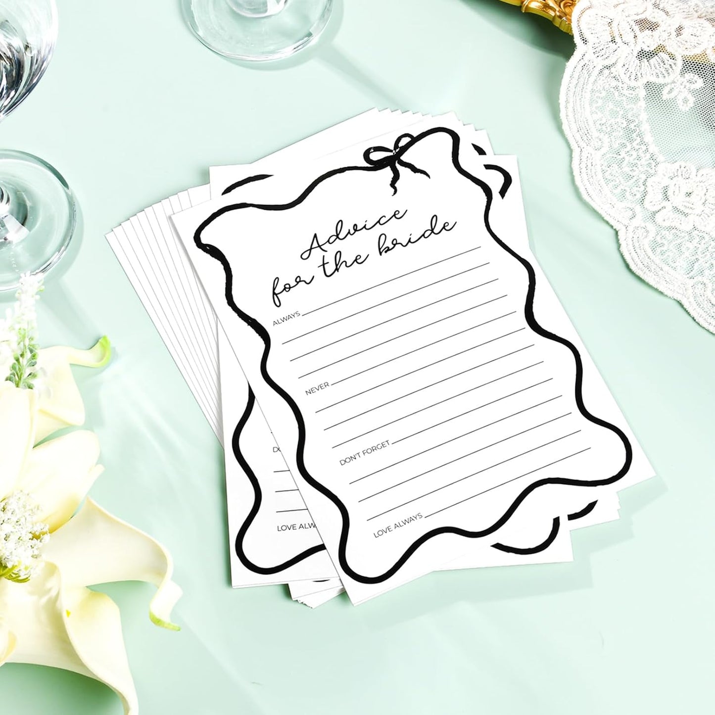 DEEKA 30 PCS Bridal Shower Games Card for 30 Guests Black Wavy Border Ribbon Bow Funny Wedding Bachelorette Party Games for Reception (Advice for The Bride)